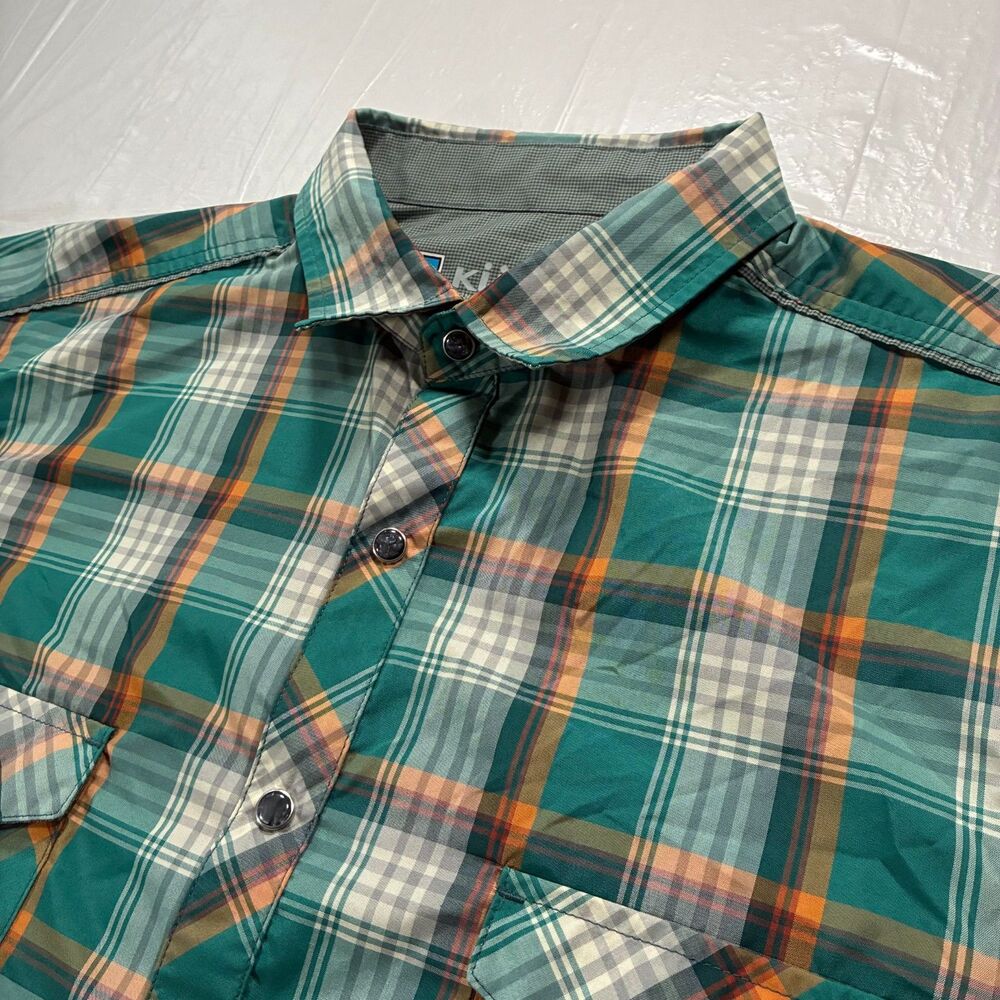 KUHL Eluxur Shirt Mens XL S/S Button Up Pocket Green Plaid Pearl Snap